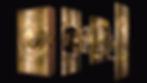 Exploded view of a bronze mechanical device with gears and inscriptions, showcasing intricate components against a black background.