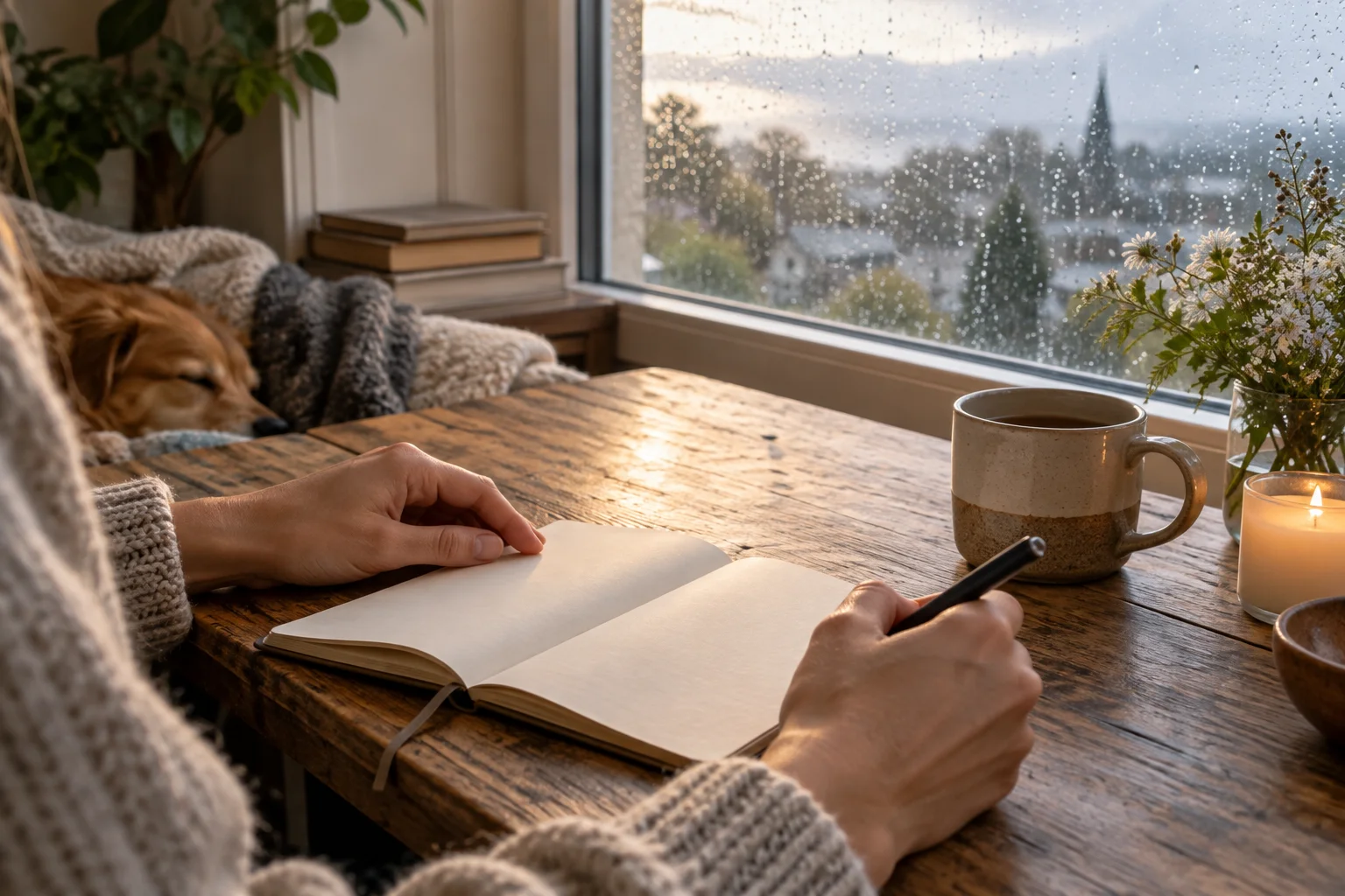 Hands beside an open journal and warm drink near a rain-speckled window, with a dog resting nearby.