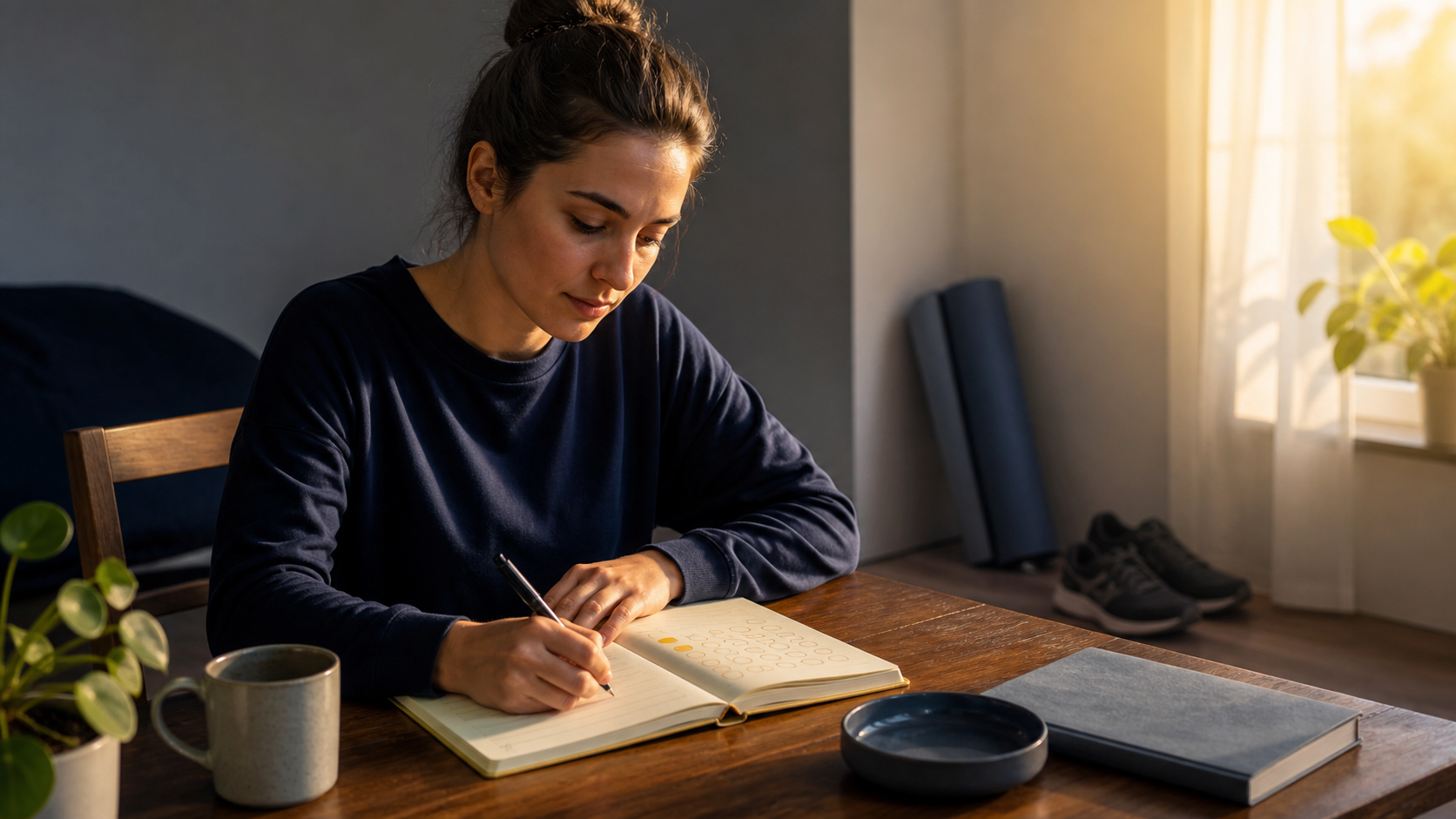 Woman building momentum by journaling and tracking small daily wins