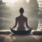Person meditating outdoors on a mat, facing a misty forest. Wearing a white tank top, they sit cross-legged, exuding calm and tranquility.