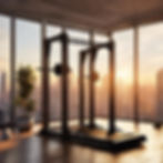 Gym with squat rack against a wall of windows, overlooking a city skyline at sunset. Warm lighting, wooden floor, and a potted plant nearby.